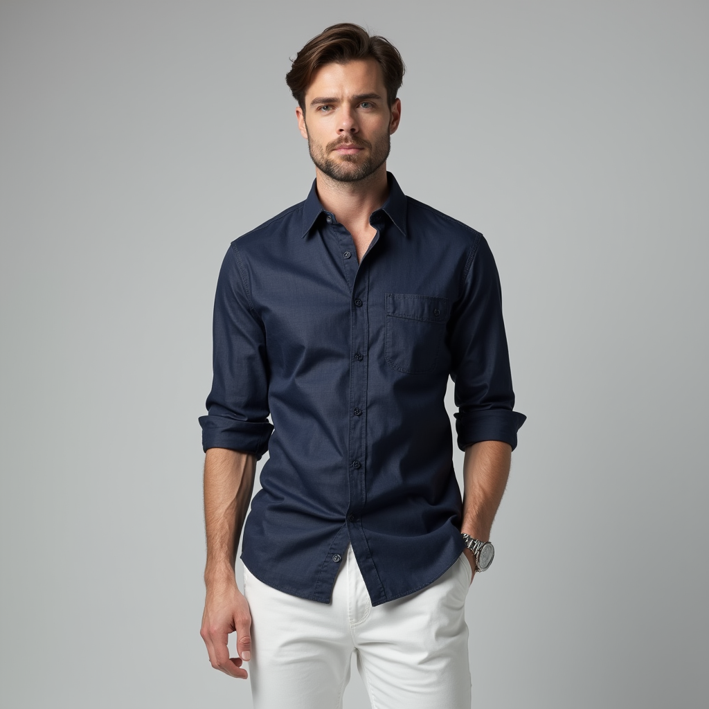 Venouvo | Navy Blue Button-Up Shirt